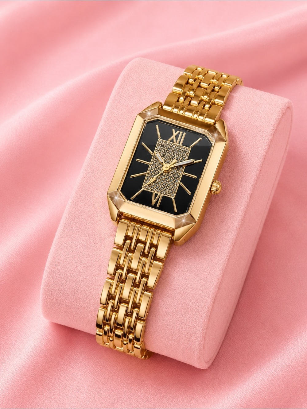 Gold Rectangular Bracelet Watch with Black Dial